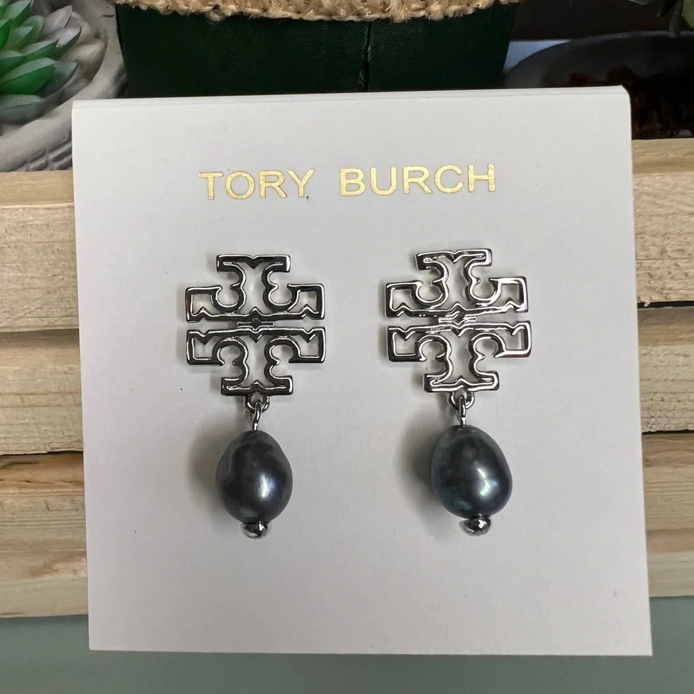 Tory Burch Britten Logo Pearl Silver Drop Earrings